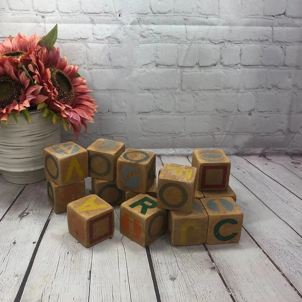 vtg 17 wooden blocks nursery decor playroom classroom cottagecore rustic